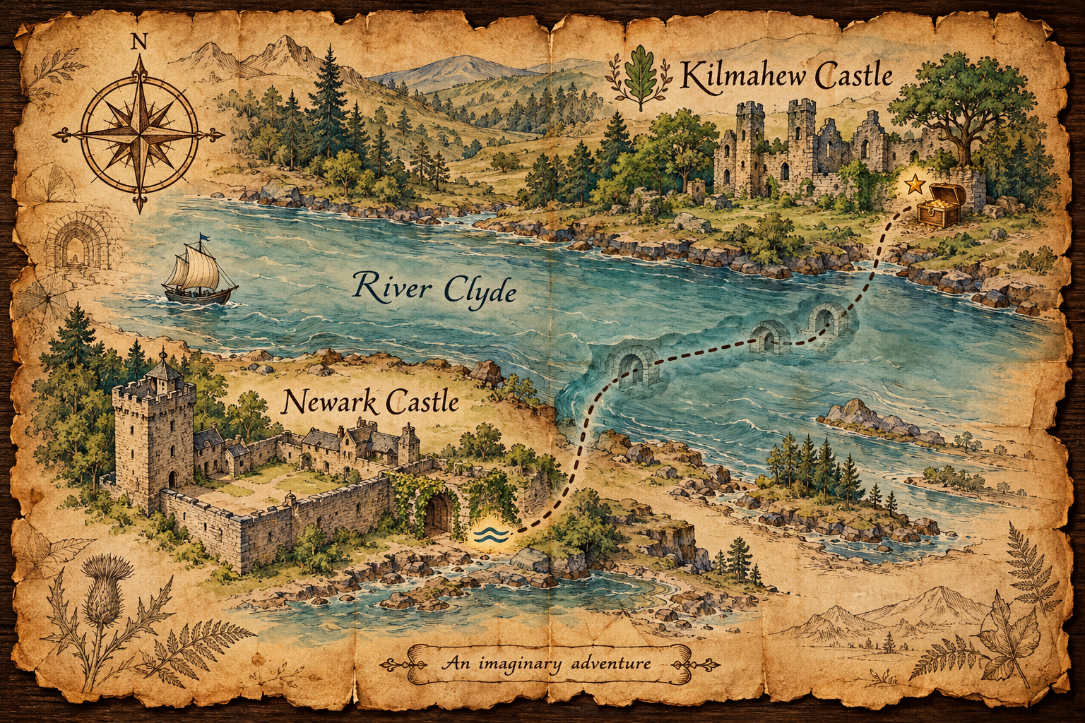 Imaginary parchment map: Newark Castle, a dotted passage below the River Clyde, and treasure at Kilmahew Castle. The clues are a wave, a leaf and a star.